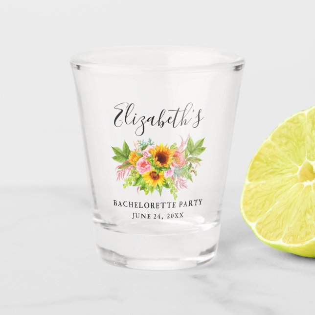 Watercolor Sunflower Floral Bachelorette Party Shot Glass (Front)