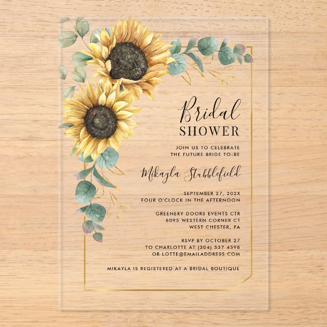 Watercolor Sunflower Floral Bridal Shower Acrylic Invitations (Front)