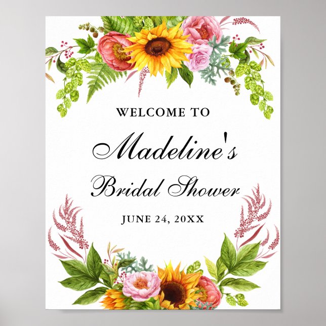 Watercolor Sunflower Floral Bridal Shower Welcome Poster (Front)