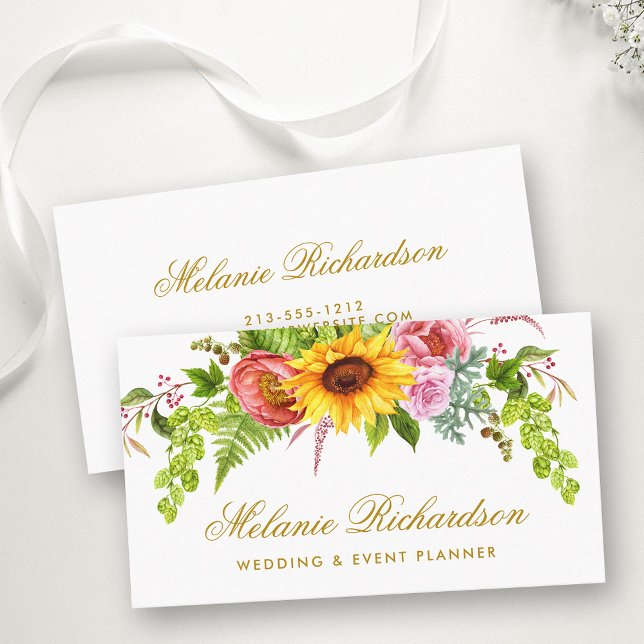 Watercolor Sunflower Floral Gold Business Card (Customize to change text size, color or text style.)