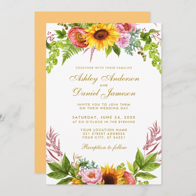 Watercolor Sunflower Floral Gold Wedding Invitation (Front/Back)