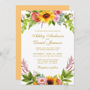 Watercolor Sunflower Floral Gold Wedding Invitation