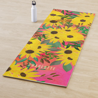 Watercolor Sunflower Floral Pattern Pink + Name  Yoga Mat