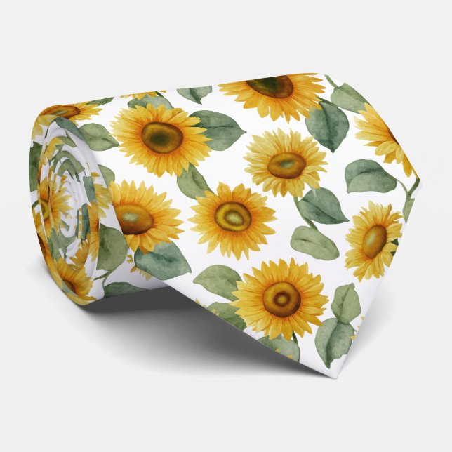 Watercolor Sunflower Floral Pattern Tie (Rolled)