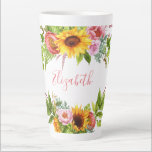 Watercolor Sunflower Floral Pink Name Large Latte Mug<br><div class="desc">Watercolor Sunflower Floral with Roses,  Peonies and Greenery Personalised Name Latte Coffee Mug - Pink Script</div>