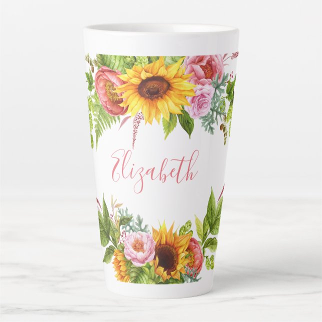 Watercolor Sunflower Floral Pink Name Large Latte Mug (Front)