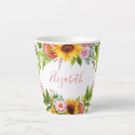 Watercolor Sunflower Floral Pink Name Latte Mug<br><div class="desc">Watercolor Sunflower Floral with Roses,  Peonies and Greenery Personalised Name Latte Coffee Mug - Pink Script</div>