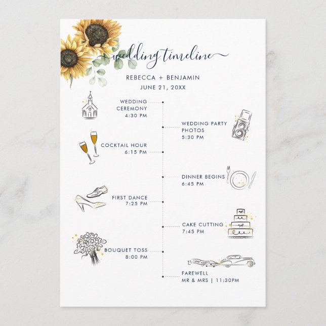 Watercolor Sunflower Floral Wedding Itinerary Programme (Front)