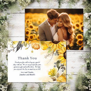 Watercolor Sunflower Floral Wedding Photo Thank You Card