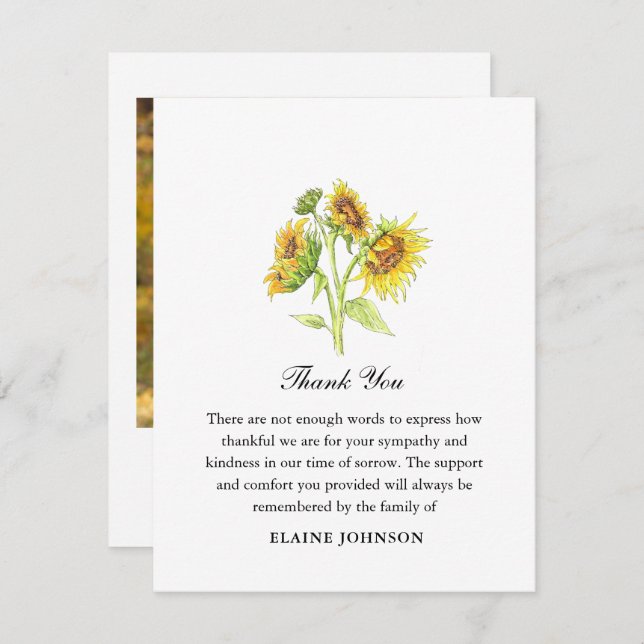 Watercolor Sunflower Funeral Photo Thank you  (Front/Back)