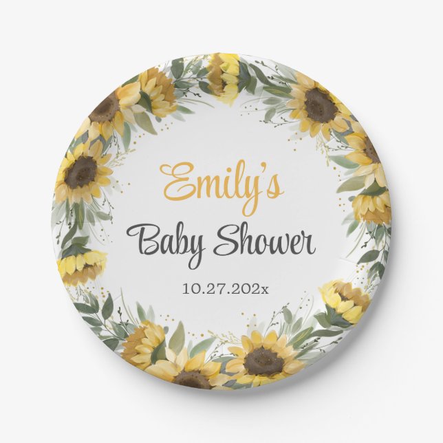 Watercolor Sunflower Greenery Baby Shower  Paper P Plate (Front)