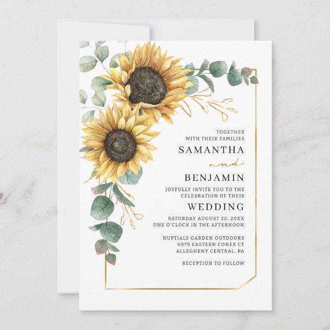 Watercolor Sunflower Greenery Leaves Wedding Invitation (Front)
