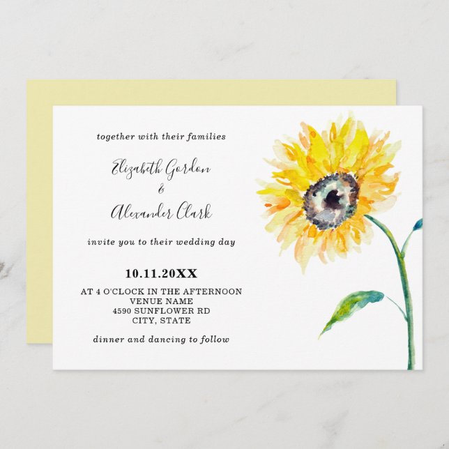 Watercolor Sunflower Horizontal Elegant Simple Invitation (Front/Back)