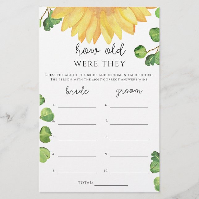 Watercolor sunflower How old were they bridal game (Front)