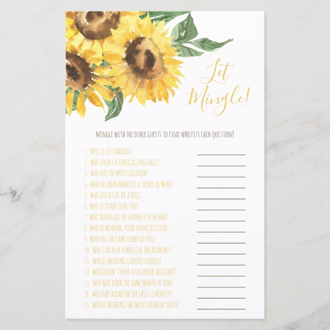 Watercolor Sunflower Let's Mingle! Game (Front)