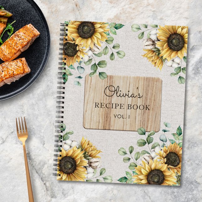 Watercolor Sunflower Linen Wood Recipe Book (In situ on kitchen table)