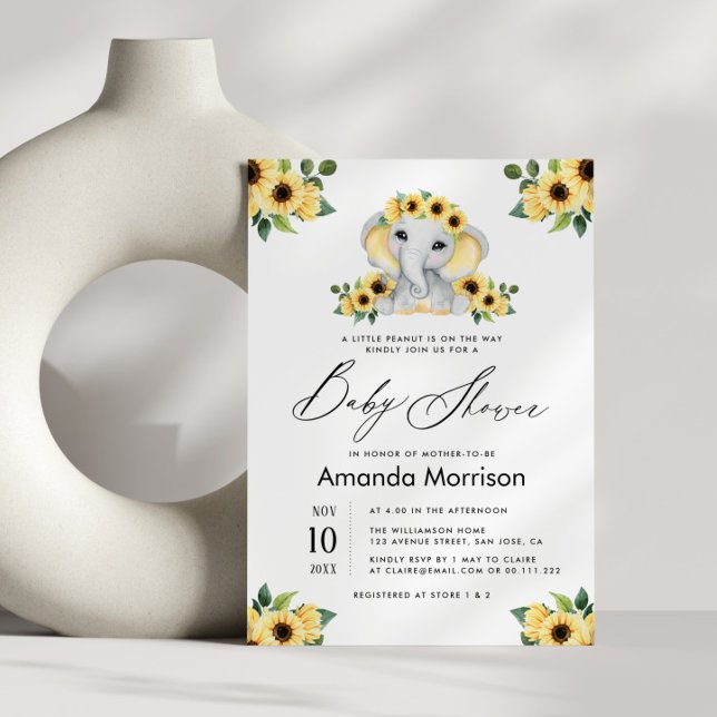 watercolor sunflower little elephant baby shower invitation (Creator Uploaded)