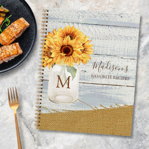 Watercolor Sunflower Mason Jar Shabby Wood Recipe Notebook