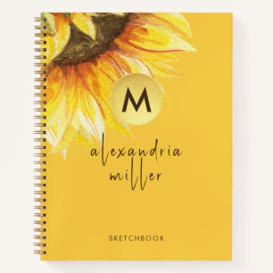 Watercolor Sunflower Monogram Sketchbook Orange Notebook
