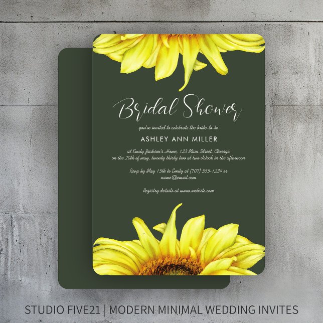 Watercolor Sunflower Moss Green Wedding Shower Invitation (Creator Uploaded)