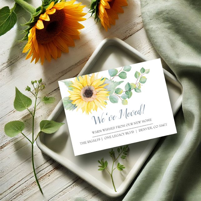 Watercolor Sunflower New Home Moving Announcement (Small moving announcement cards feature watercolor sunflower and eucalyptus art Victoria Grigaliunas)