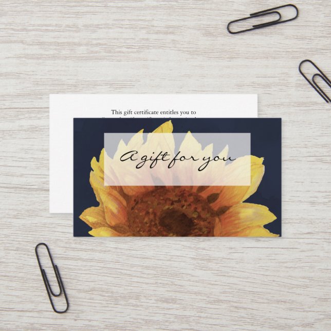 watercolor sunflower on navy gift certificate (Front/Back In Situ)