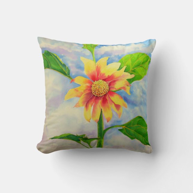 Watercolor sunflower painting yellow orange floral cushion (Front)