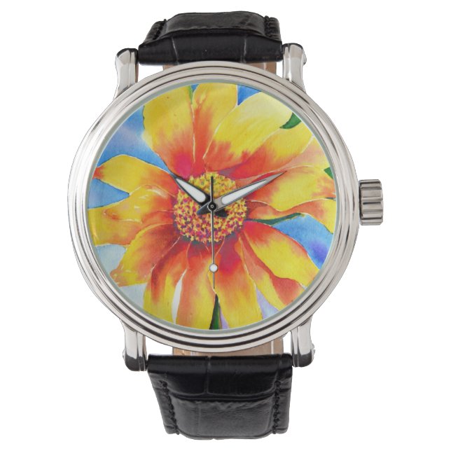 Watercolor sunflower painting yellow orange floral watch (Front)