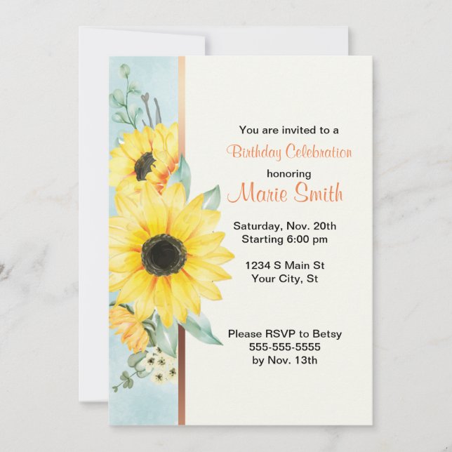 Watercolor Sunflower Party Invitation – Editable  (Front)