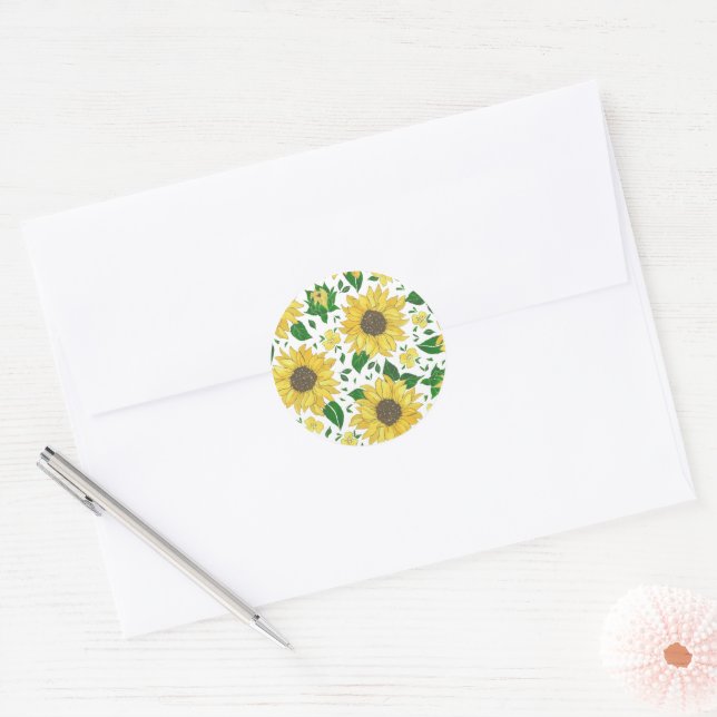 Watercolor Sunflower Pattern  Classic Round Sticker (Envelope)