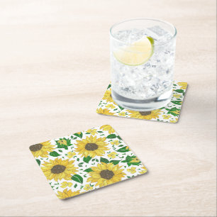 Watercolor Sunflower Pattern  Square Paper Coaster