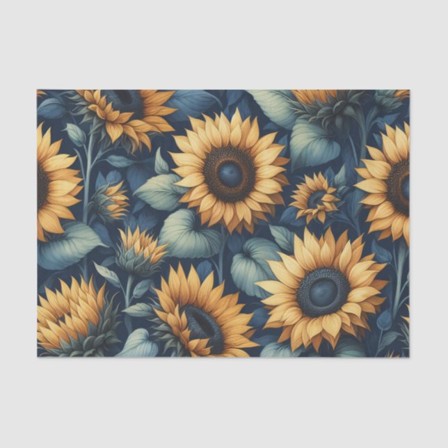 Watercolor Sunflower Pattern Yellow Blue Decoupage Tissue Paper (Front)