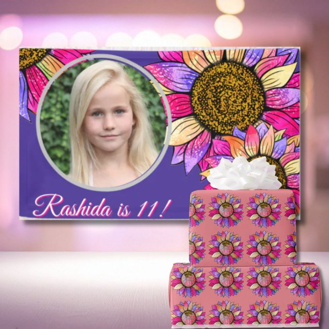 Watercolor Sunflower Pink & Purple Chic Birthday Banner (Creator Uploaded)