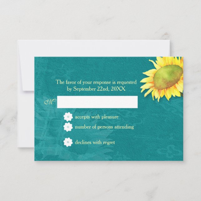 Watercolor Sunflower Rustic Blue Jade Wedding RSVP Card (Front)