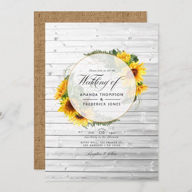 Watercolor Sunflower Rustic Country Barn Wedding I Invitation (Front/Back)