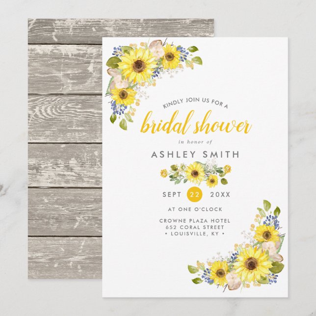 Watercolor Sunflower Rustic Country Bridal Shower Invitation (Front/Back)
