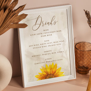 Watercolor sunflower Rustic country wedding drinks Poster