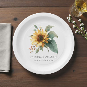 Watercolor Sunflower Rustic Country Wedding  Paper Plate
