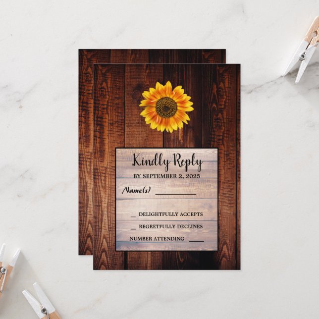 Watercolor sunflower rustic country wedding RSVP Invitation (Front/Back In Situ)