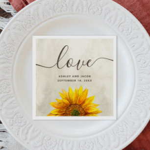 Watercolor sunflower. Rustic floral script wedding Napkin
