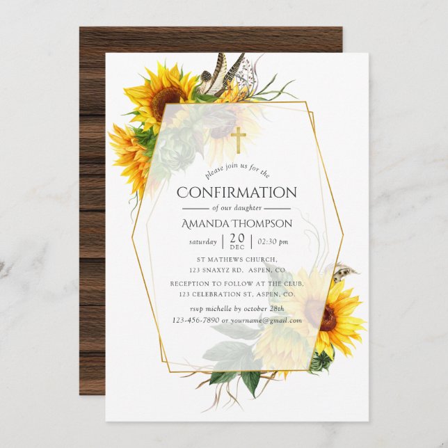 Watercolor Sunflower Rustic Geometric Confirmation Invitation (Front/Back)