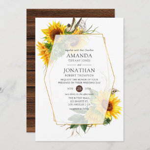 Watercolor Sunflower Rustic Geometric Wedding Invitation