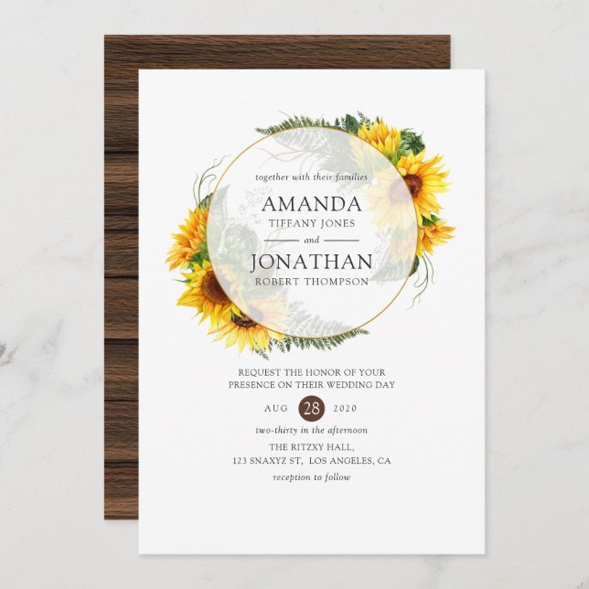 Watercolor Sunflower Rustic Geometric Wedding Invitation (Front/Back)