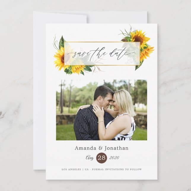 Watercolor Sunflower Rustic Geometric Wedding Save The Date (Front)