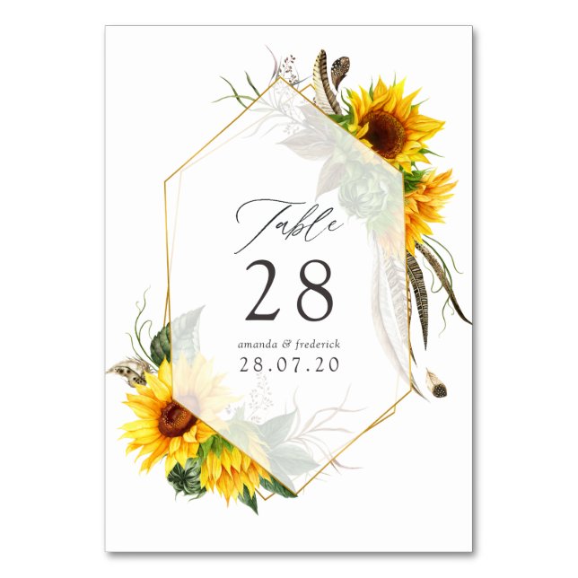 Watercolor Sunflower Rustic Geometric Wedding Table Number (Front)