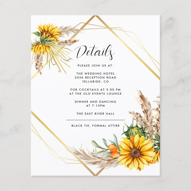 Watercolor Sunflower Rustic Wedding Details Card (Front)