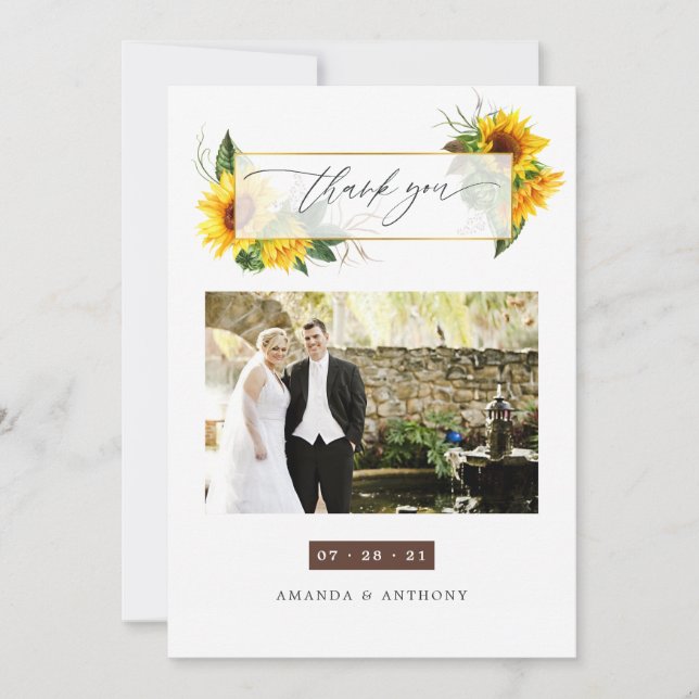 Watercolor Sunflower Rustic Wedding Photo Collage Thank You Card (Front)