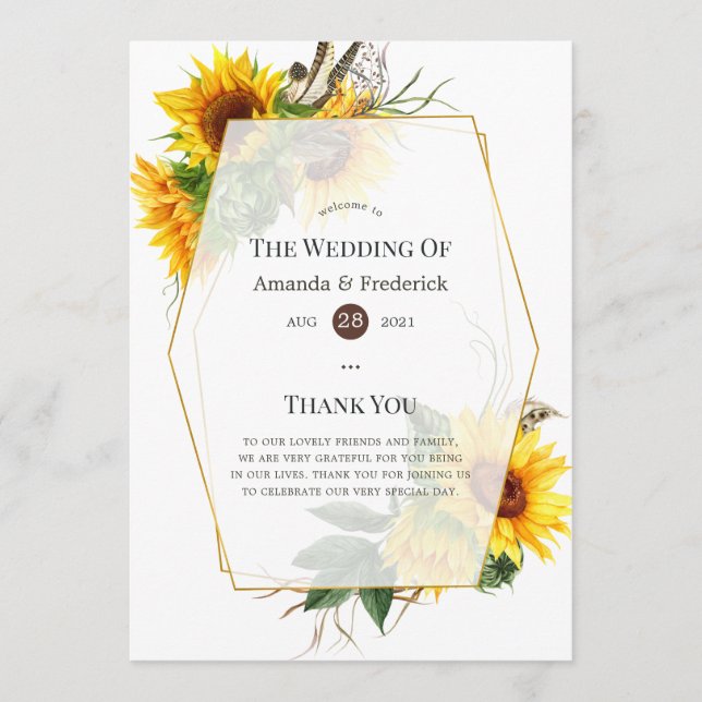 Watercolor Sunflower Rustic Wedding Programme (Front)