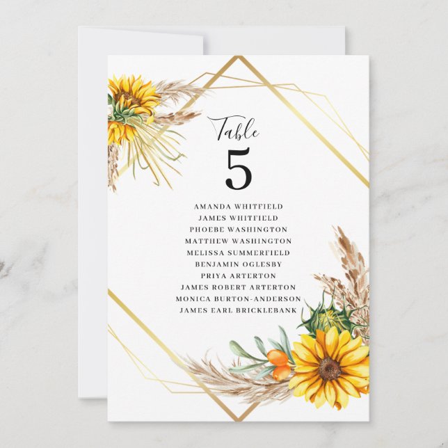 Watercolor Sunflower Rustic Wedding Table Number (Front)