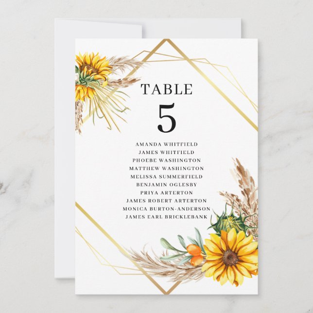 Watercolor Sunflower Rustic Wedding Table Number (Front)